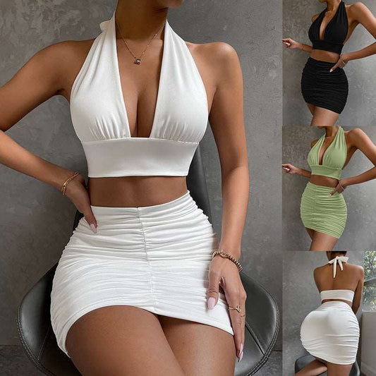 2pcs Dress Suits For Women Halter Lace-up Hip Top And Pleated Hip-covering Skirt - buyhub express