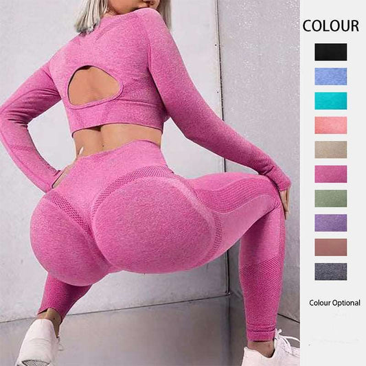 2pcs Sports Suits Long Sleeve Hollow And Butt Lifting High Waist Seamless Fitness Leggings - buyhub express