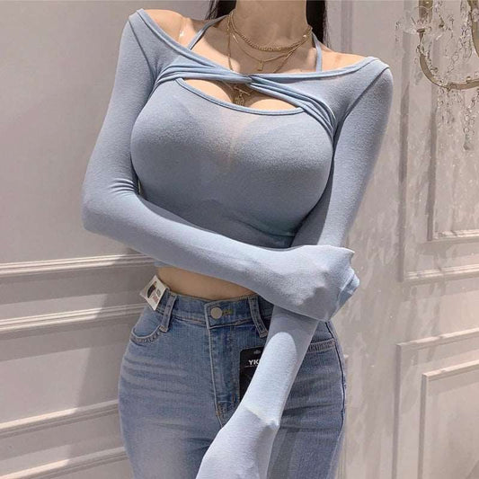 Autumn New Slightly See-through Thin Halter Spaghetti Straps Vest Long Sleeve Shawl Skinny Slimming Sets - buyhub express