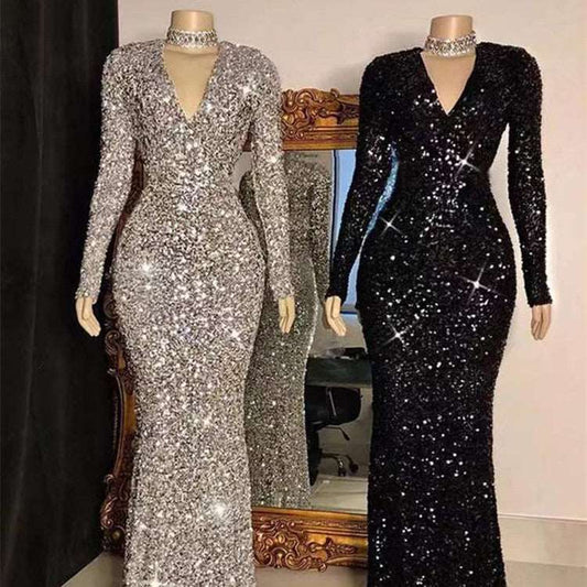 Grey Long Sleeve Sequin Evening Dress - buyhub express