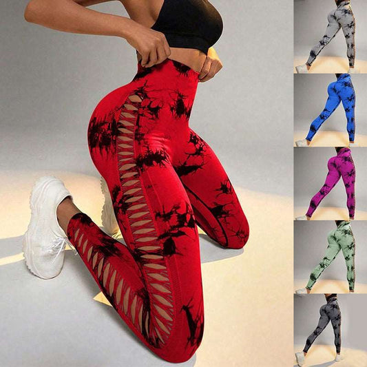 Hollow Tie Dye Printed Yoga Pants High Waist Butt Lift Seamless Sports Gym Fitness Leggings Slim Pants For Women - buyhub express