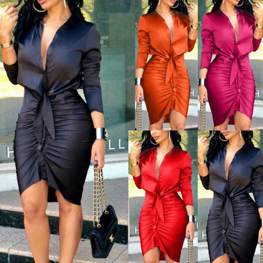 Lace-up Solid Sleeve Midi Dress - buyhub express