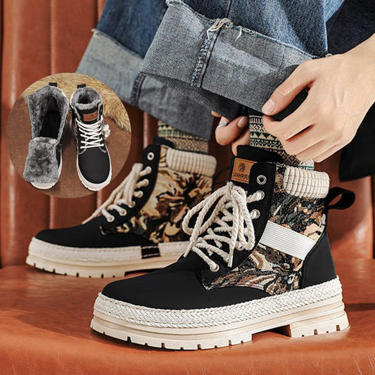 Men's Print Boots Autumn And Winter High-top British Style Comfy Breathable Casual Flat Shoes Outdoor Walking Running Boots - buyhub express