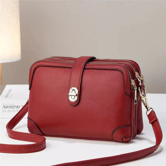 Multi-layer Lychee Pattern Simple Texture Soft Leather Western Style Multi-functional Shoulder Crossbody Small Square Bag - buyhub express