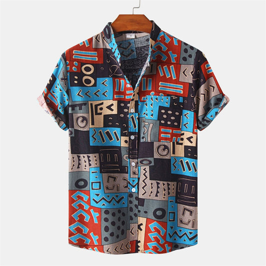 Stand Collar Floral Printed All-matching Short Sleeve Shirt - buyhub express