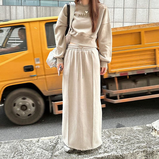 Thickened Fleece-lined Sunken Stripe Half-length Straight Slim-fit Slimming Solid Color Mid-length Dress - buyhub express