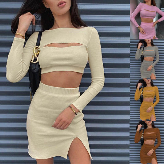 Women's Fashion Suits Skirts Showing Chest Cutout Tops With Split Ends - buyhub express