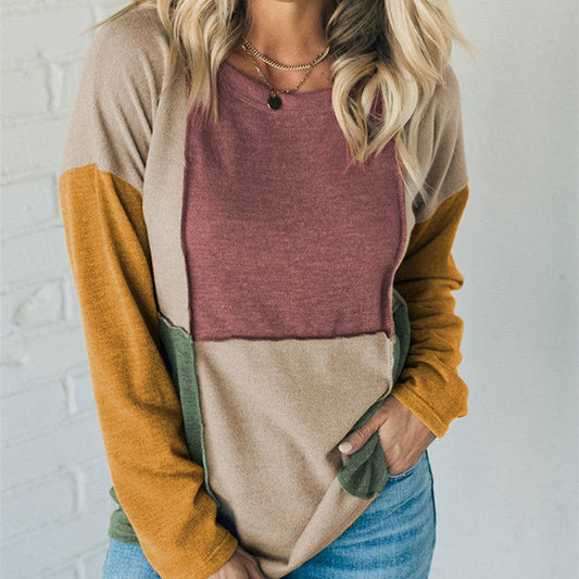 Women's Knitted Round Neck Irregular Contrast Color Long Sleeves Casual Top - buyhub express