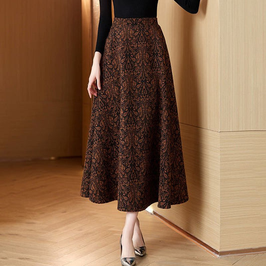 Woolen Jacquard High Waist Swing Dress Thickened Midi Skirt Umbrella Skirt - buyhub express